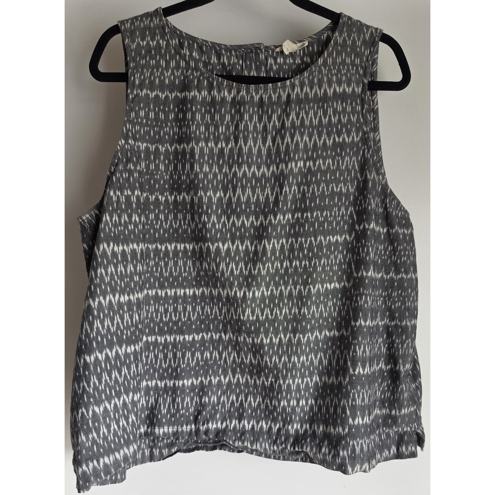 Eileen Fisher Tank Top XL Grey White Ikat Sleeveless Round Neck Cotton Casual